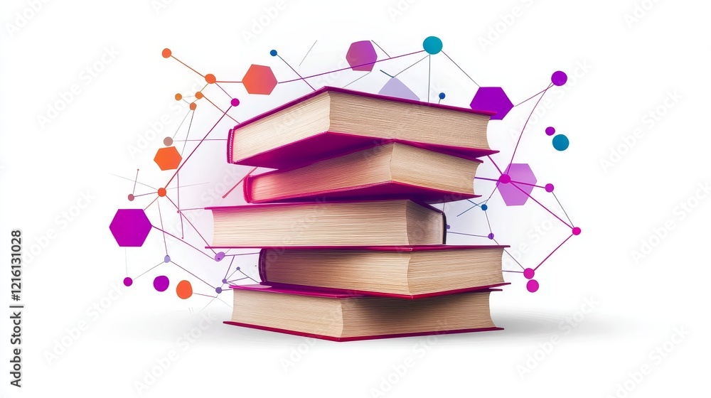 Poster stack of books with vibrant geometric connections, symbolizing knowledge and learning