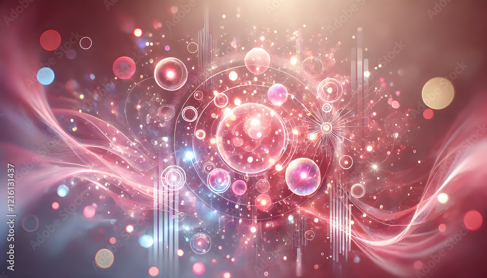 Poster a vibrant abstract composition featuring glowing spheres, shimmering lights, and dynamic patterns in