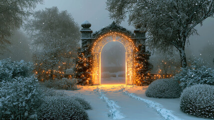 Obraz premium Enchanted Winter Gate: A Magical Holiday Scene in a Snowy Garden