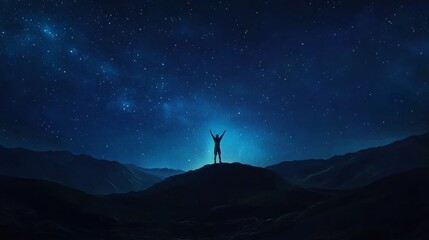 Panorama landscape with milky way, Night sky with stars and silhouette of a standing sporty people with raised up arms on high mountain