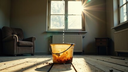 Sunlight streams through a window illuminating an aged bucket filling with water on a rustic wooden floor in a sparsely furnished room