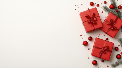 Fototapeta na wymiar Three red christmas presents with red bows and decorations on a festive background