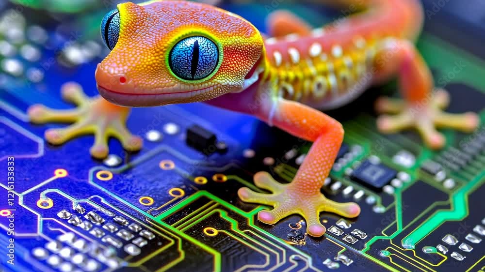 Poster colorful gecko exploring a circuit board in a close-up view showcasing technology and nature
