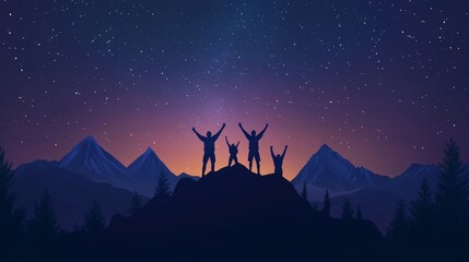 Fototapeta premium Panorama landscape with milky way, Night sky with stars and silhouette of a standing sporty people with raised up arms on high mountain