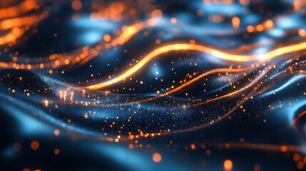 Abstract glowing particles flowing on dark wavy surface.