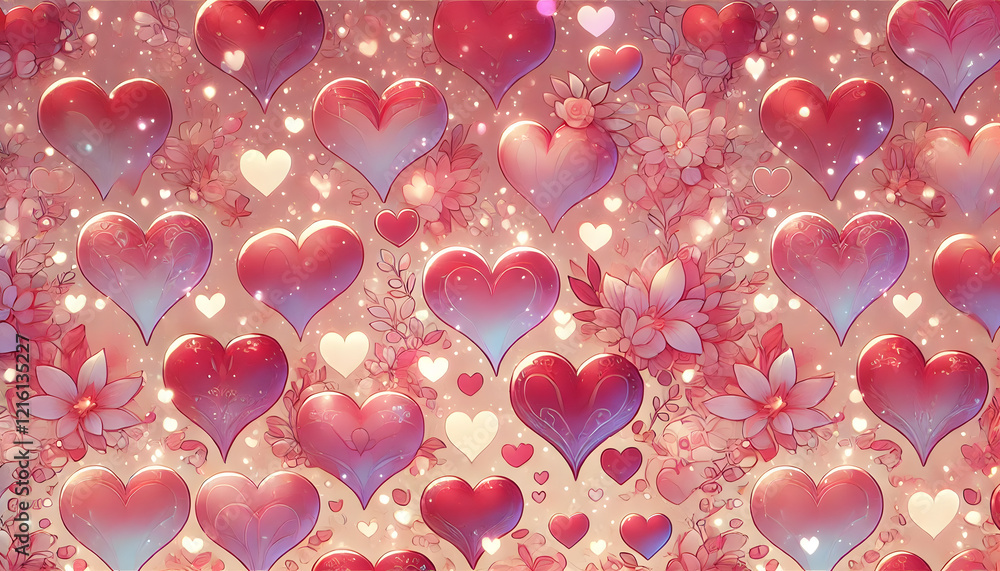 Poster a decorative collection of intricate red and pink heart patterns with swirling designs, creating a r