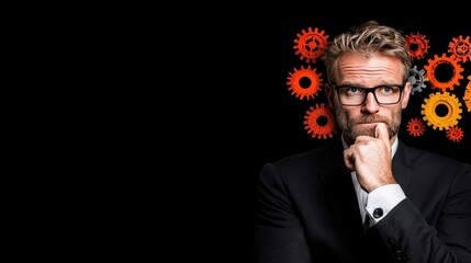 Thoughtful businessman with gears symbolizing innovation