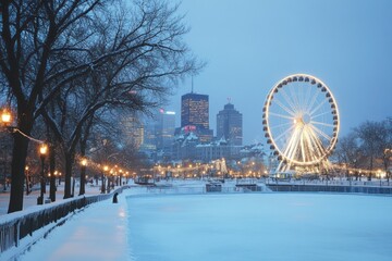 Scenic view of Montreal's Old Port with an ice skating rink