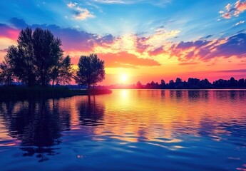 Serene sunset over calm lake with colorful sky reflections and tree silhouettes