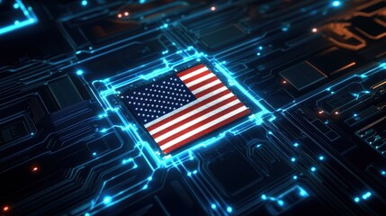 American flag integrated into digital circuit board design, symbolizing technology, innovation, cybersecurity, and the intersection of patriotism and tech advancement.