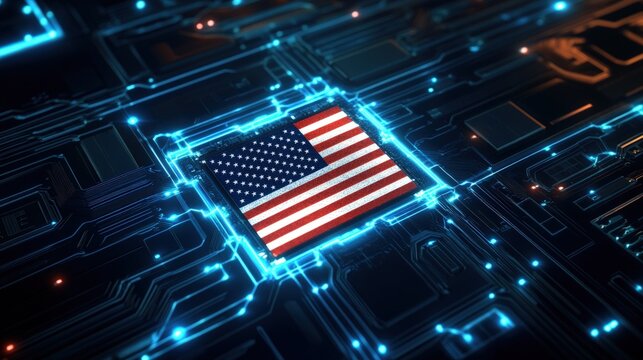American flag integrated into digital circuit board design, symbolizing technology, innovation, cybersecurity, and the intersection of patriotism and tech advancement. - Powered by Adobe