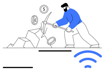 Man mining with pickaxe near stones and digital currency symbols thumbs up dollar, pound, and crypto token. Ideal for finance, cryptocurrency, blockchain, online economy, fintech, investments