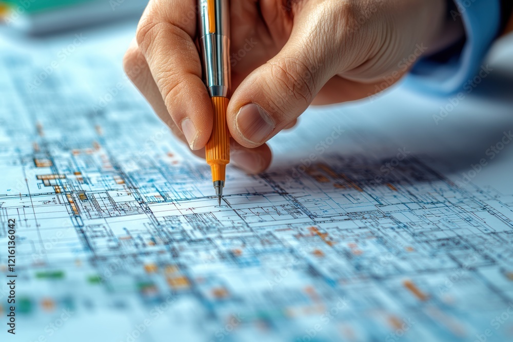 Aufkleber architect pointing to key design features on a blueprint,