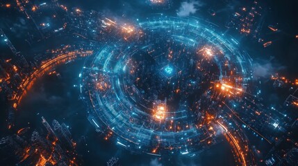 Obraz premium Futuristic city grid illuminated with neon lights seen from above, resembling a glowing circuit board