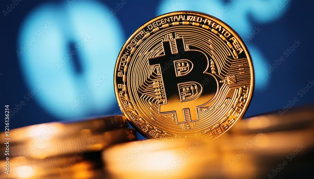 Poster shiny golden bitcoin cryptocurrency stacked on background with digital elements
