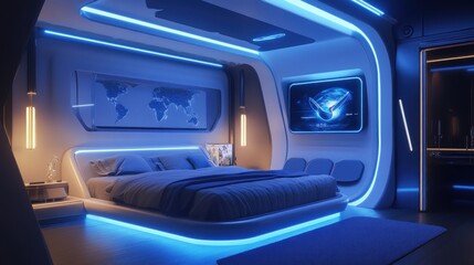 Obraz premium Futuristic Bedroom with Blue Neon Lights and Modern Design Elements