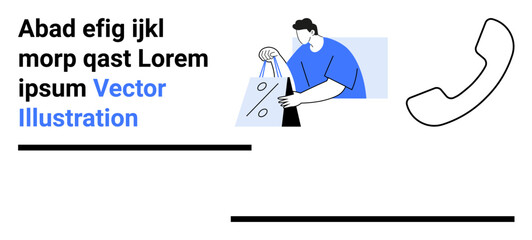 Customer carrying shopping bags while holding phone. Ideal for ecommerce, retail, customer support, marketing, online shopping, user assistance, service inquiries. Landing page