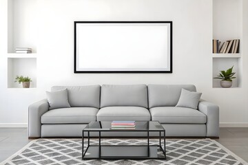 Cozy Living Room Scene with Framed Wall Art Frame Mockup. Bright and Minimalist Living Room Design.