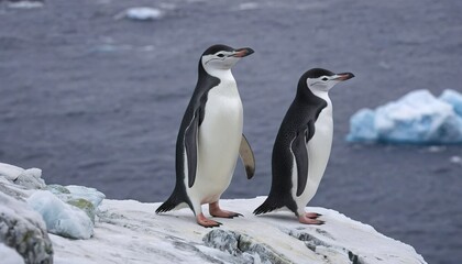Fototapeta premium charismatic chinstrap penguin (Pygoscelis antarcticus) stands poised on a rocky outcrop