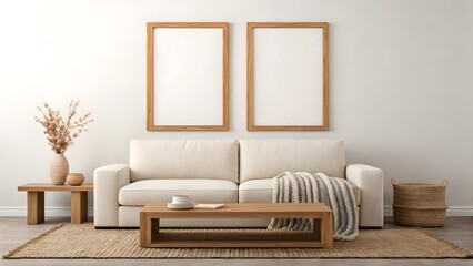 Cozy Living Room Scene with Framed Wall Art Frame Mockup. Bright and Minimalist Living Room Design.