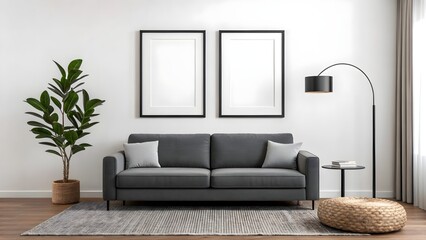 Cozy Living Room Scene with Framed Wall Art Frame Mockup. Bright and Minimalist Living Room Design.