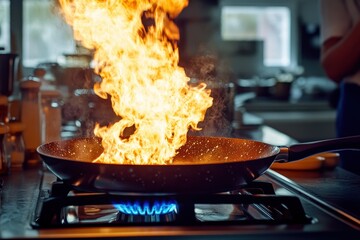 Flaming pan, kitchen, cooking, restaurant, food, fire, chef, preparation, meal,  heat