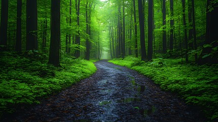 Fototapeta premium Misty forest path, lush greenery, rain, nature scene