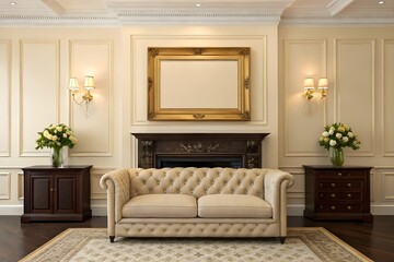 Cozy Living Room Scene with Framed Wall Art Frame Mockup. Bright and Minimalist Living Room Design.