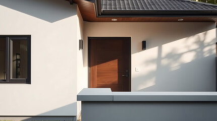 Modern House Exterior: Clean Lines and Simple Elegance. A contemporary residential design featuring a minimalist facade, showcasing a sleek wooden door and large windows, bathed in sunlight.