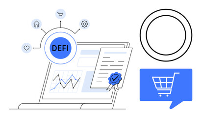 Blockchain symbol, digital finance certificate, financial graph on laptop, shopping cart chat bubble, decentralized finance icon and network. Ideal for cryptocurrency, blockchain technology