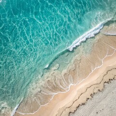 Aerial View Turquoise Ocean Meets Sandy Beach, Top-Down Composition, Coastal Scene, Wave Pattern Ocean, Beach