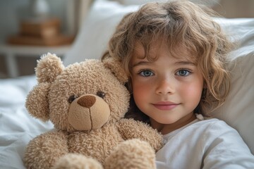 Child in a pediatric ward, holding a stuffed toy tightly for comfort, while lying quietly on a hospital bed with soft lighting in the room