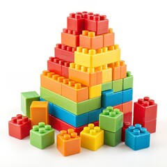 Colorful Pyramid of Plastic Building Blocks Stacked Toy Blocks, White Background, Construction Concept Building blocks, plastic toys