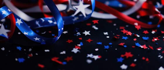 Stars, stripes and festive ribbons on a dark surface for celebration, party decorations, national holidays, or patriotic events. Red, white, and blue theme for promotions.