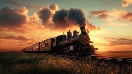 Fototapeta premium Vintage Steam Train Journey at Sunset with Golden Hour Skies and Passing Through Wheat Field