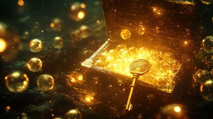 A wooden chest filled with golden glowing spheres, with a golden key resting in front, surrounded by floating orbs