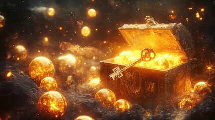 A golden treasure chest overflowing with glowing orbs and a key resting on the edge