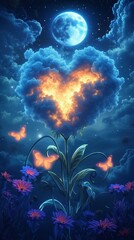 Night and moon, heart of clouds, field and flowers. Good night