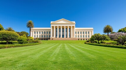 Large modern building with green lawn in front and clear blue sky above