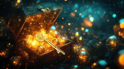 An ornate wooden chest filled with glowing orbs and a golden key amidst a starlit scene