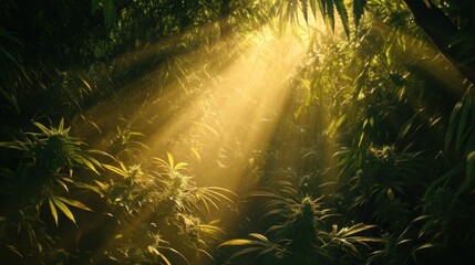Fototapeta premium Sunlit cannabis plants growing in a lush green forest environment