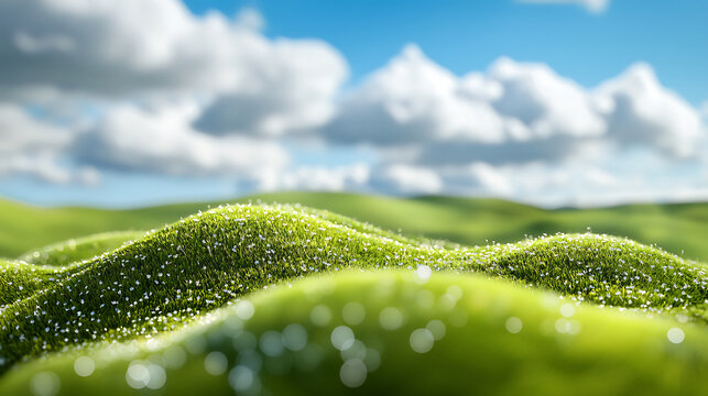 Lush green hills with dew drops under bright blue sky and fluffy clouds create serene landscape