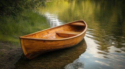 Obraz premium A peaceful wooden boat rests on the tranquil water's edge lake river