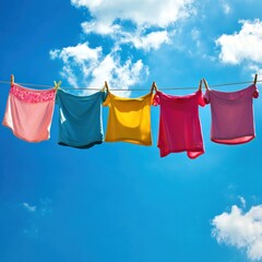 Colorful clothes drying on a clothesline, sunny day, blue sky, clouds, summer freshness, laundry