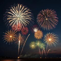 Night Fireworks Display Multiple Explosions, Colorful Bursts, Festive Celebration, Dark Sky, Pyrotechnics Fireworks, Celebration