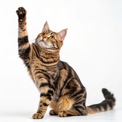 Playful Bengal Cat High-angle Studio Shot, White Background, Reaching Paw, Feline Portrait Bengal cat, pet photography