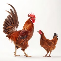 Fototapeta premium Rooster and Hen Two Brown Chickens, White Background, Studio Shot, Poultry, Farm Animals Poultry, Farm Animals