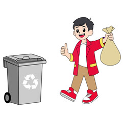 Cartoon Boy Throwing Trash Into Rubbish Bin Vector Illustration