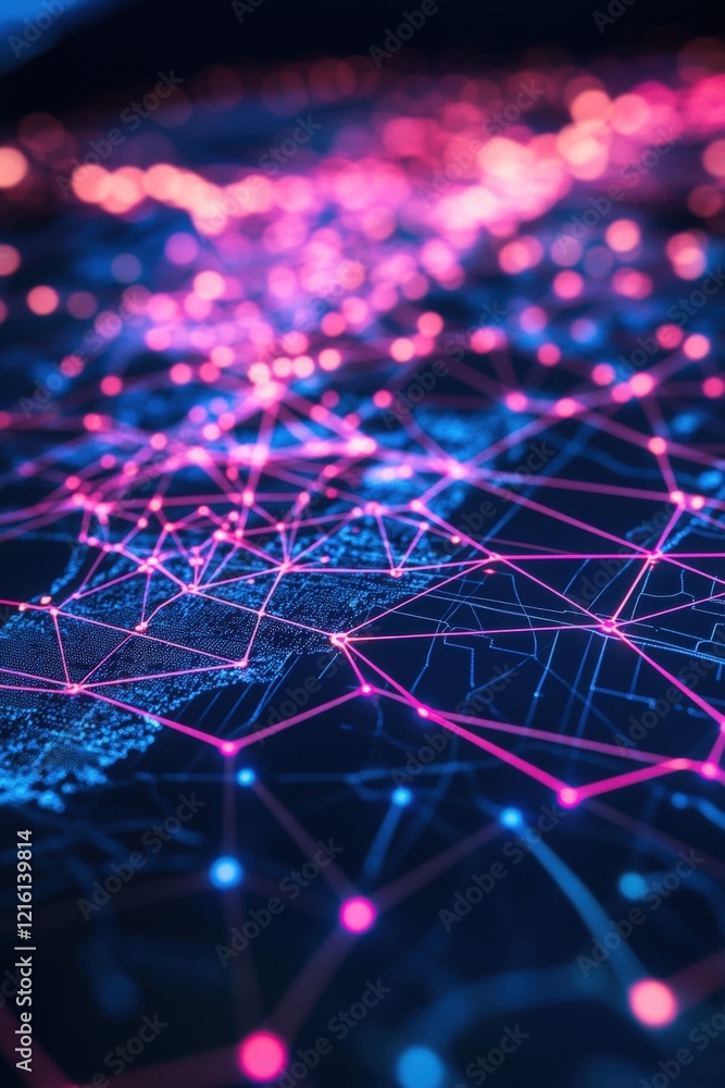 Poster network connections, data visualization and digital landscape with neon lights representing technolo