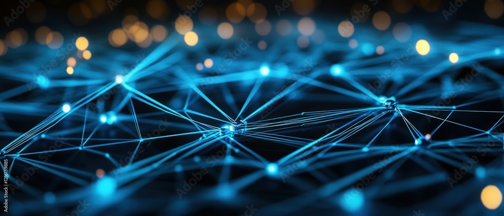 Poster network connections and data flow visualization with glowing nodes, representing digital technology,